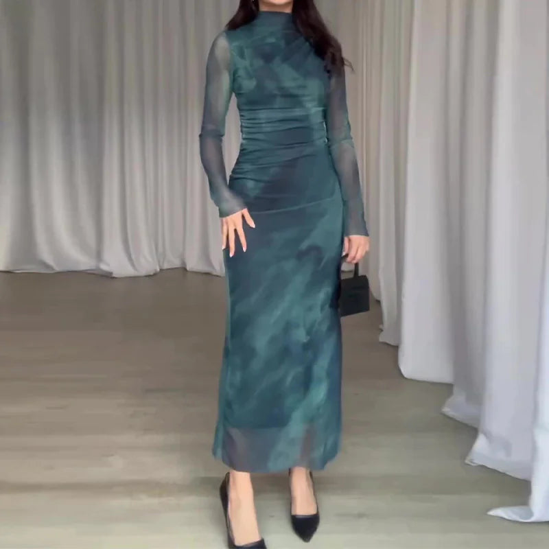 Printed Silk Net Slim-Fit Long Sleeve Dress