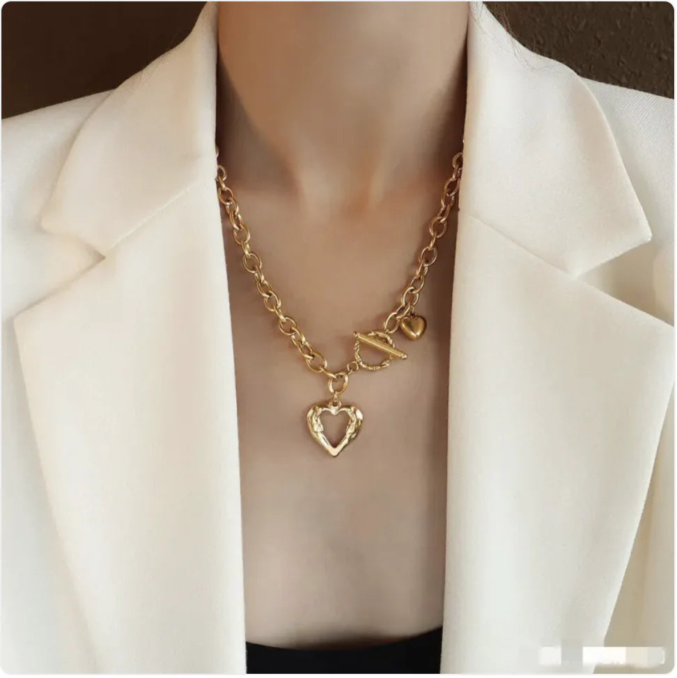 French 18K Gold Titanium Steel Heart Necklace