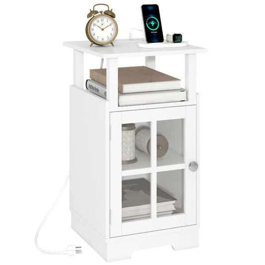 Nightstand with Charging StationWhite End Table Modern Side Table with USB Ports and Outlets Mid-Century Bedside Table with Storage for Bedroom Living Room MLBZ08WE