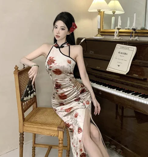 Retro Printed Slim-fit Slit Cheongsam Dress