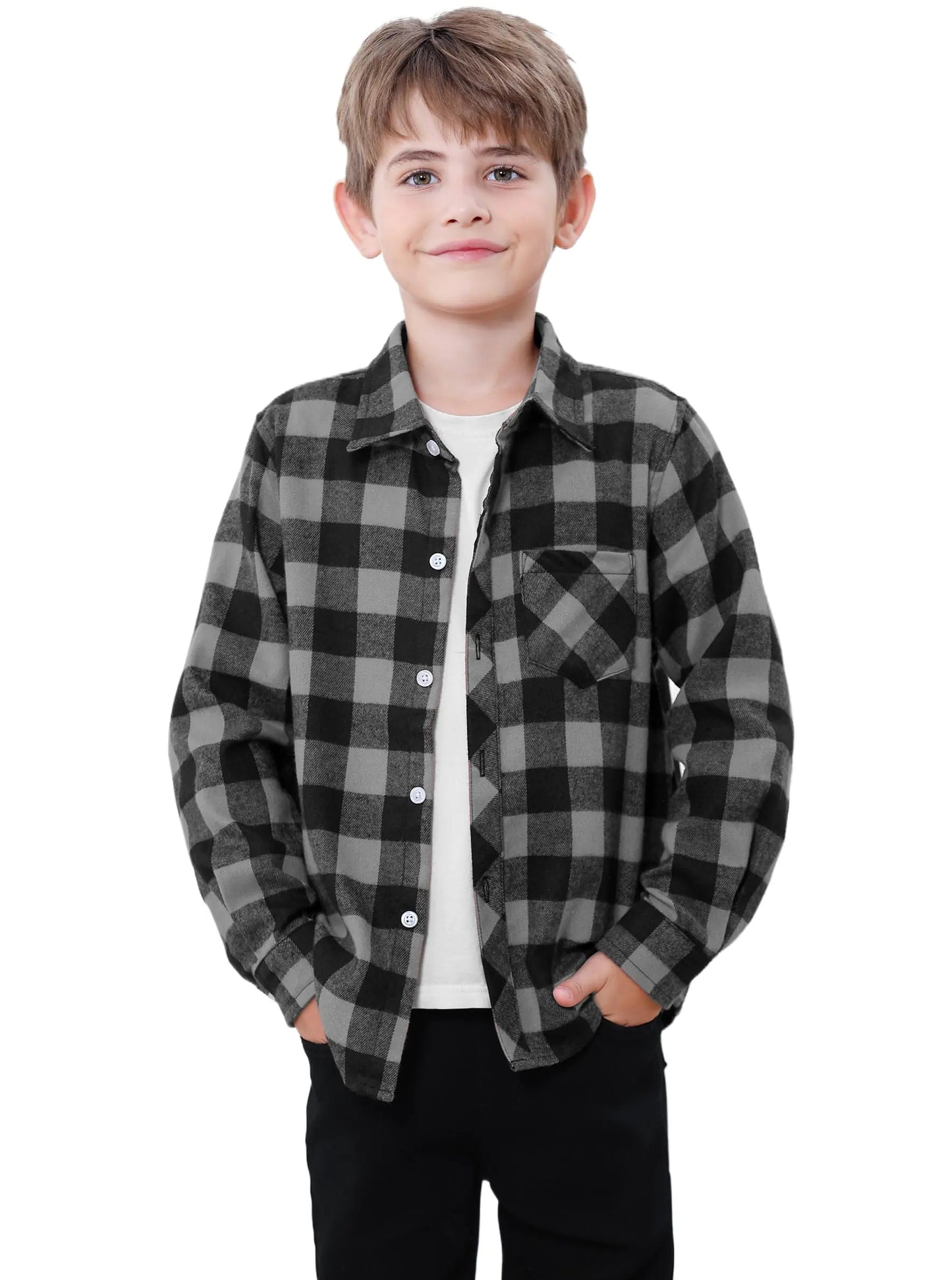 SANGTREE Mens & Boys Plaid Shirt Long Sleeve Button Down Flannel Shirts, US 3 Months - Adult 9XL Youth 14-15 Years Gray Plaid 2