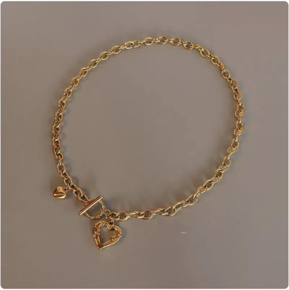 French 18K Gold Titanium Steel Heart Necklace