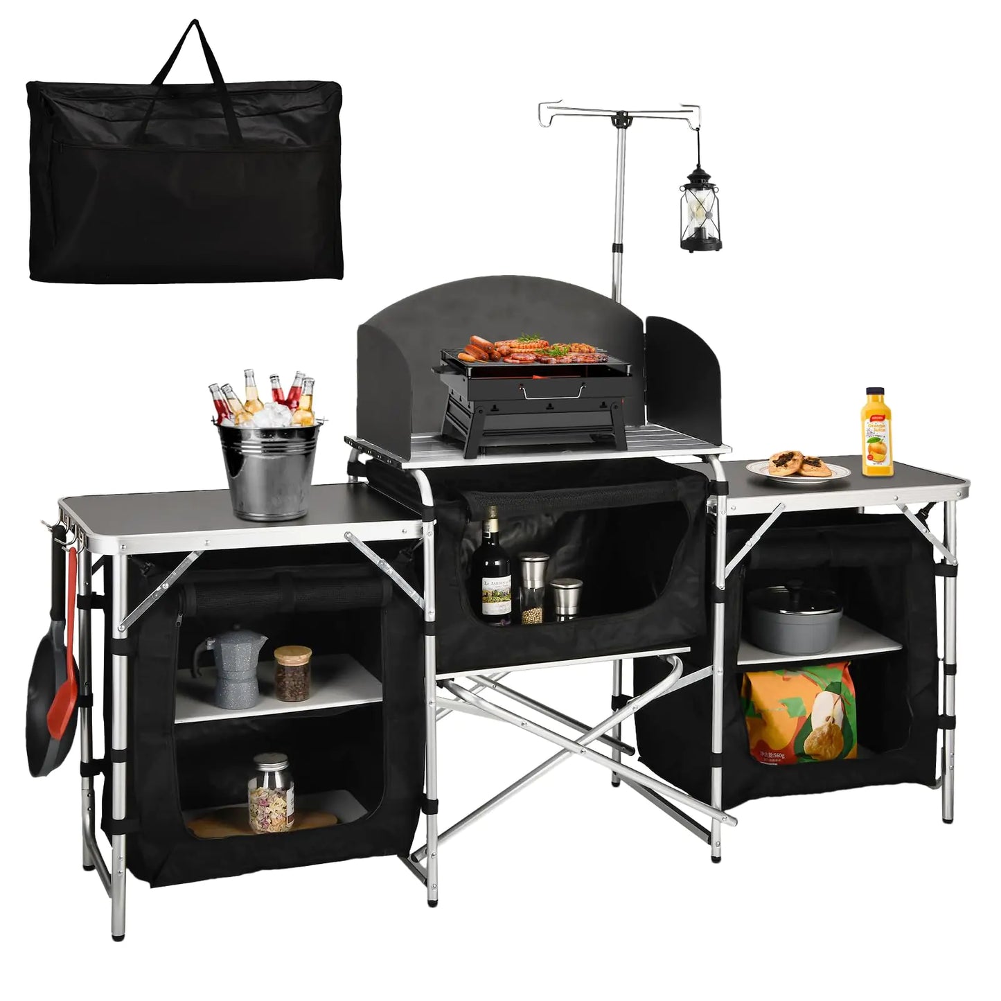 JOUYEK Camping Table Camping Kitchen Table Folding Camping Table with Storage Bag 3 Multifunctional Storage Cupboards & Windshield Cooking Station for BBQ Picnic Cooking