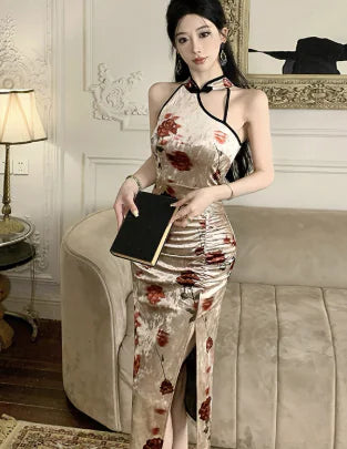 Retro Printed Slim-fit Slit Cheongsam Dress