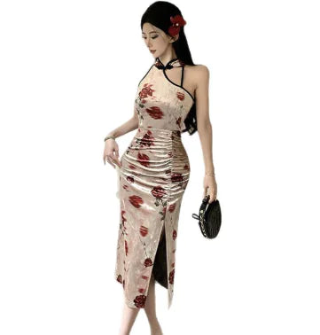 Retro Printed Slim-fit Slit Cheongsam Dress