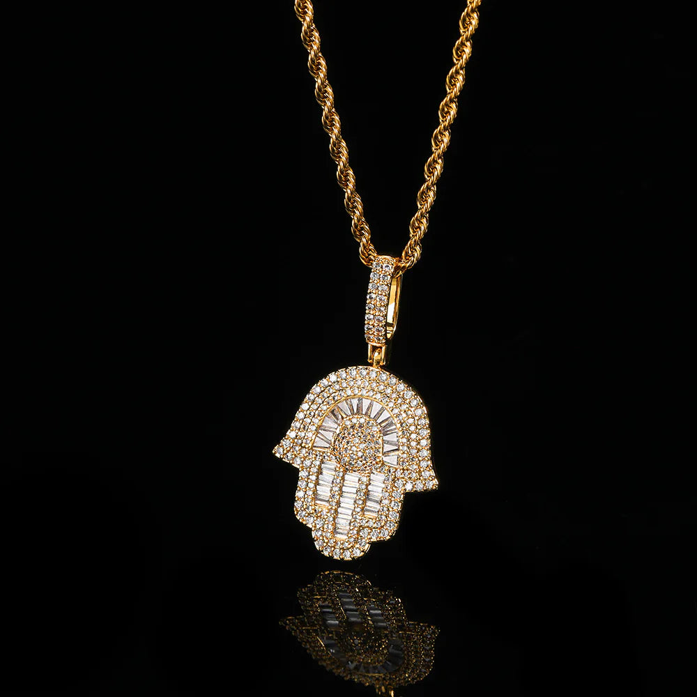 Hip Hop Copper Inlaid Zircon Small Size Palm Pendant Real Gold Plated Necklace