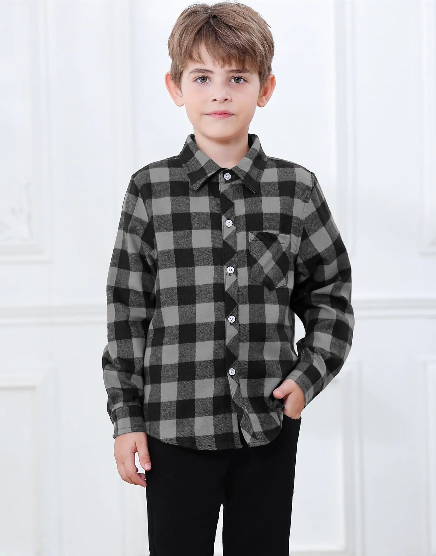 SANGTREE Mens & Boys Plaid Shirt Long Sleeve Button Down Flannel Shirts, US 3 Months - Adult 9XL Youth 14-15 Years Gray Plaid 2