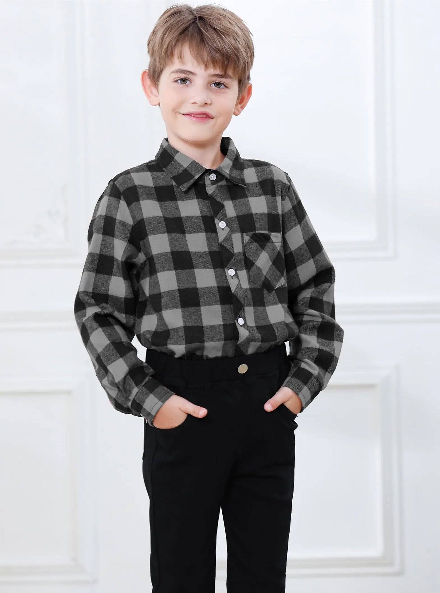 SANGTREE Mens & Boys Plaid Shirt Long Sleeve Button Down Flannel Shirts, US 3 Months - Adult 9XL Youth 14-15 Years Gray Plaid 2
